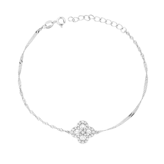 Armband mit Singapore-Kette, diamantiert, mit Kleeblatt und weißen Cubic Zirconia, aus 925er Silber, galvanisch rhodiniert. - MeinSchmuckShop