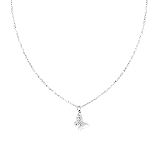 Halskette mit feiner diamantierter Kette, mit Schmetterling und weißen Cubic Zirconia, aus 925er Silber rhodiniert - MeinSchmuckShop