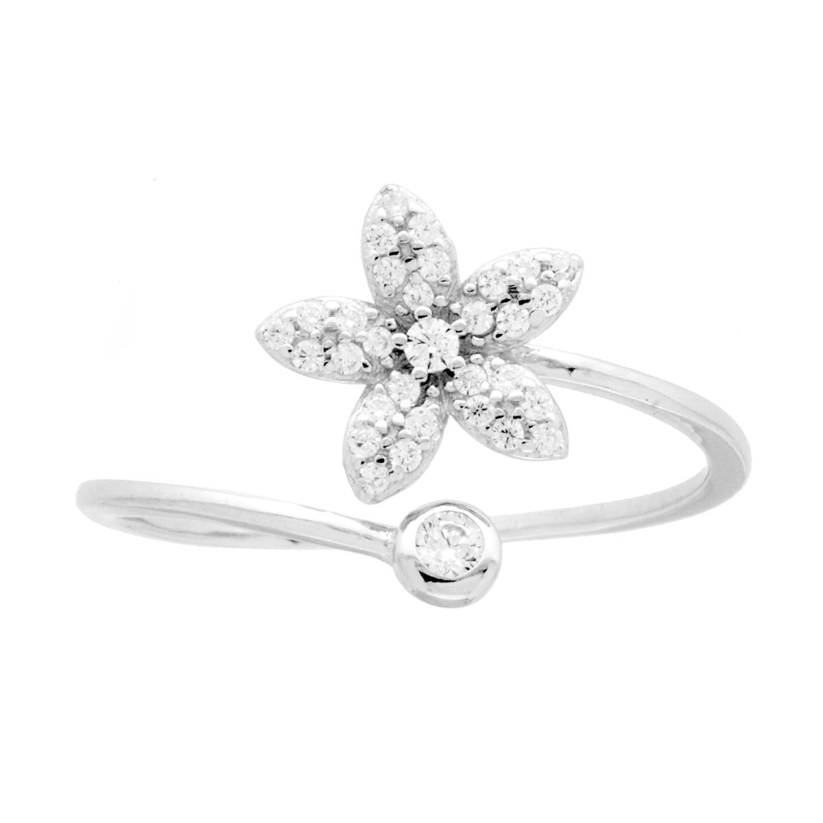 Ring mit gegensätzlicher Blume, weißen Cubic Zirconia und Lichtpunkt in Silber 925 rhodiniert - MeinSchmuckShop