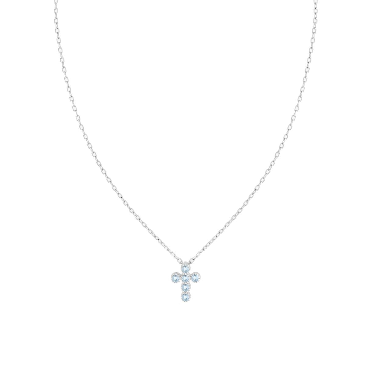 Kette mit diamantierter Gliederkette, Kreuz und Cubic Zirconia, Aquamarin, 925er Silber, rhodiniert galvanisch - MeinSchmuckShop