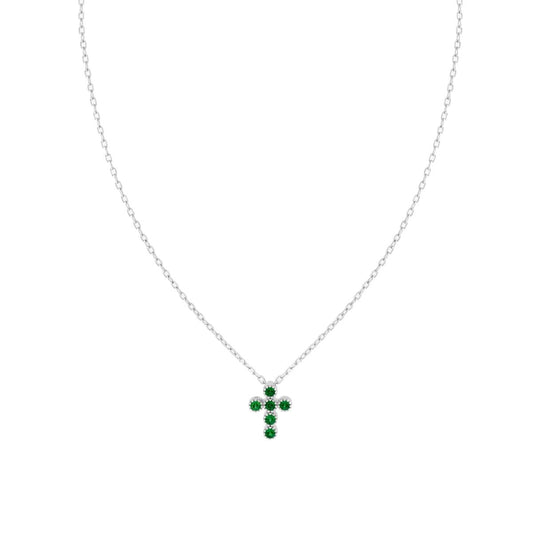 Halskette mit zarter diamantierter Kette, Kreuzanhänger und emeraldgrünen Cubic Zirconia, aus 925er Silber rhodium-plattiert - MeinSchmuckShop