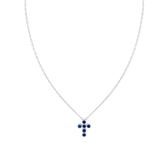 Kette mit Forzatina-Diamantierung, Kreuz und blauem Cubic Zirconia (Saphirblau) aus 925er Silber, rhodiniert. - MeinSchmuckShop