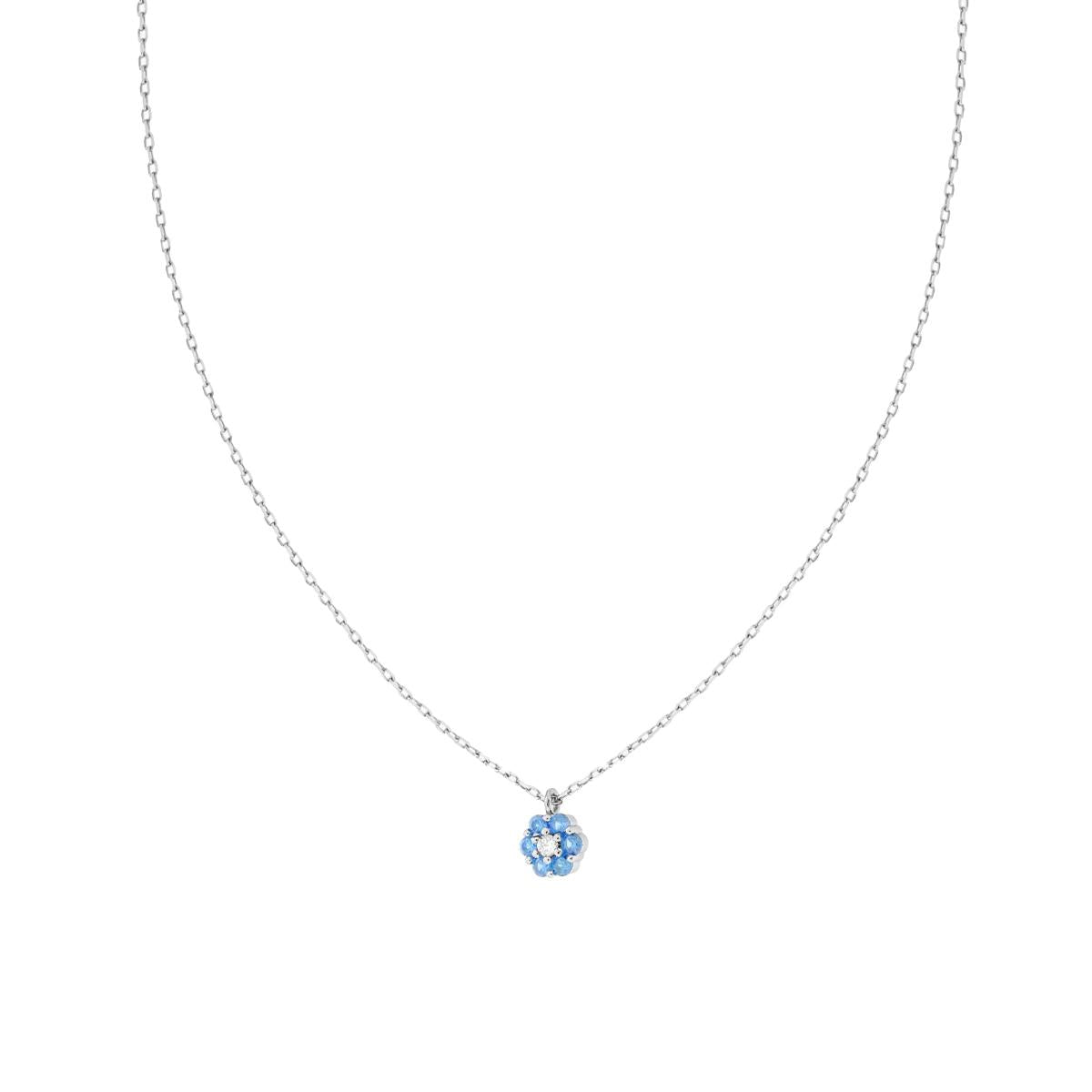 Kette mit diamantierter Fein-Gliederkette, mit Blume und Cubic Zirconia, Aquamarin und Weißen Zirkonien, aus Silber 925, rhodiniert galvanisch - MeinSchmuckShop