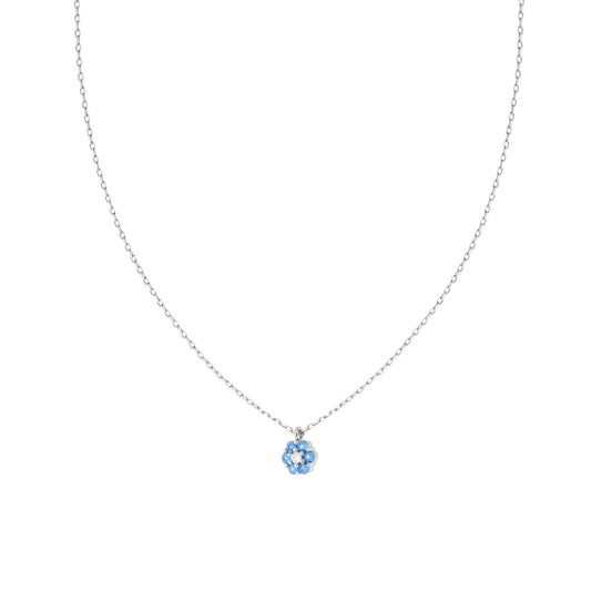 Kette mit diamantierter Fein-Gliederkette, mit Blume und Cubic Zirconia, Aquamarin und Weißen Zirkonien, aus Silber 925, rhodiniert galvanisch - MeinSchmuckShop