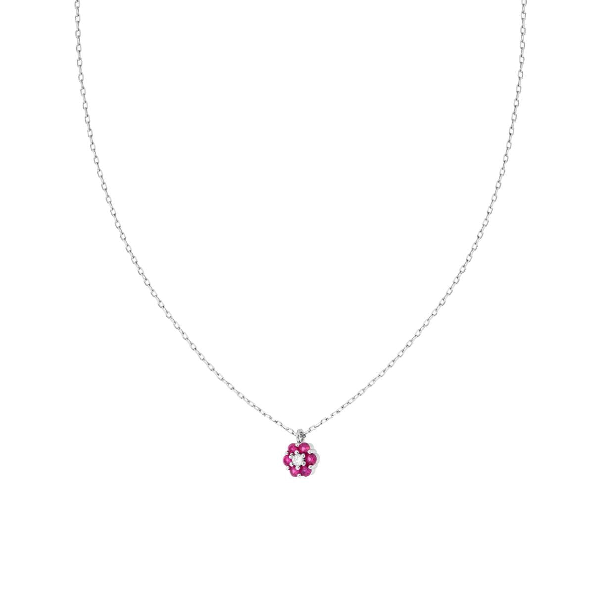 Halskette Forzatina-Kette diamantiert mit Blume und Cubic Zirconia Rubinrot und Weiß, aus 925er Silber, rhodiniert. - MeinSchmuckShop