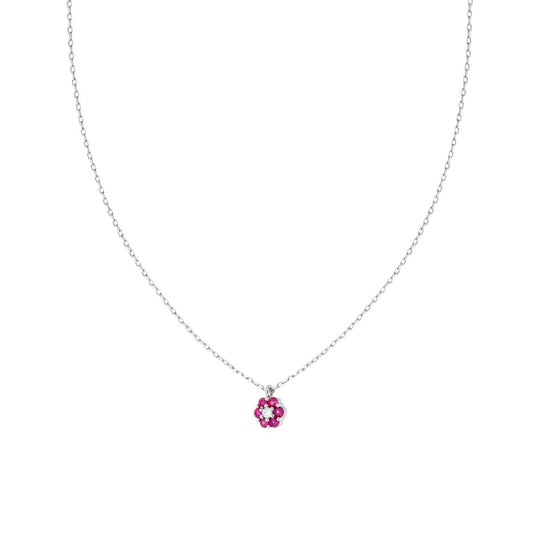 Halskette Forzatina-Kette diamantiert mit Blume und Cubic Zirconia Rubinrot und Weiß, aus 925er Silber, rhodiniert. - MeinSchmuckShop