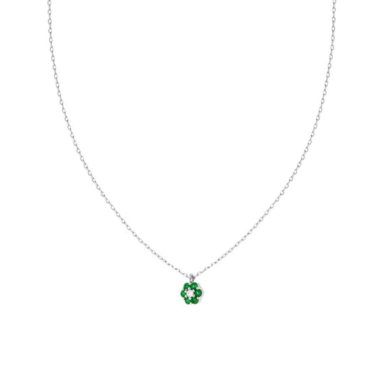 Halskette mit Forzatina-Kette, diamantiert, mit Blume und Cubic Zirconia in Smaragdgrün und Weiß, aus Silber 925, rhodiniert - MeinSchmuckShop
