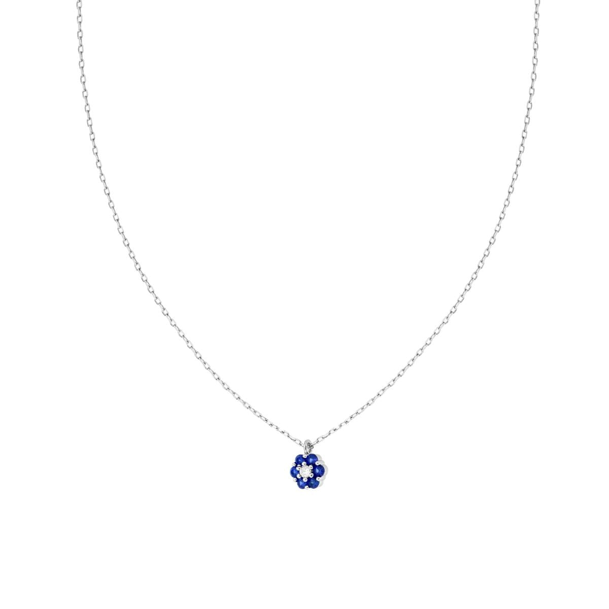 Halskette Forzatina-Kette diamantiert, mit Blume und Cubic Zirconia Blau Saphir und Weiß, aus 925er Silber, rhodiniert. - MeinSchmuckShop