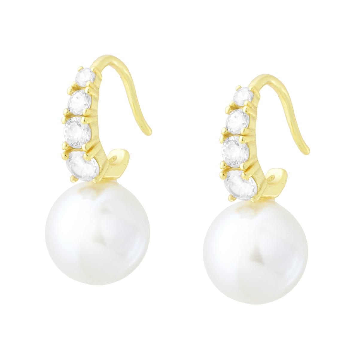 Ohrringe mit Fischhaken, mit weißer Perle und weißen Cubic Zirconia, aus 925er Silber, galvanisch vergoldet - MeinSchmuckShop