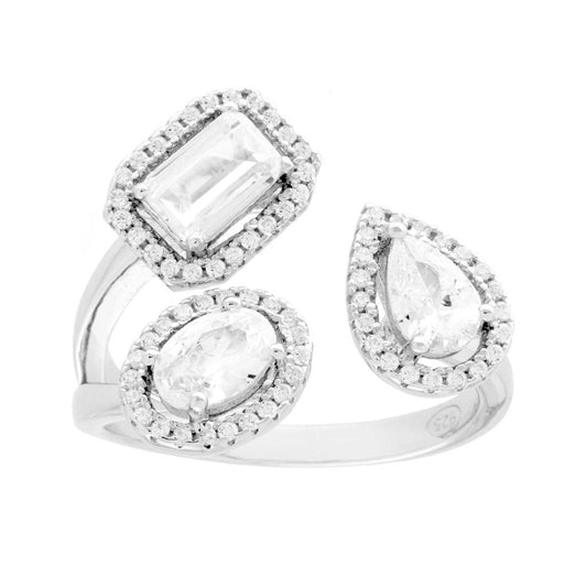 Ring mit konträrem geometrischem Muster, mit weißen Cubic Zirconia, mehrfacettiert, aus 925er Silber, rhodiumbeschichtet - MeinSchmuckShop