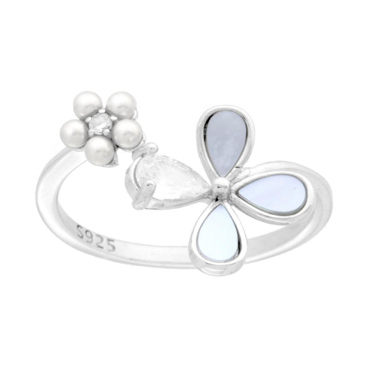Ring mit Blume aus weißen Perlen und Vierblättrigem Kleeblatt mit Perlmutt und weißen Cubic Zirconia aus 925er Silber, rhodiniert. - MeinSchmuckShop