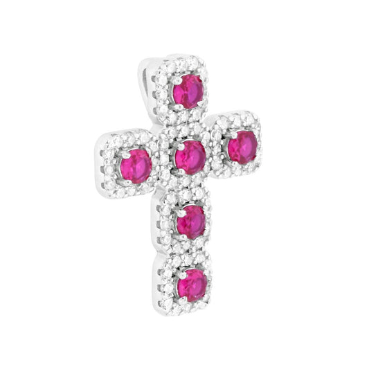 Kreuzanhänger mit Cubic Zirconia Rubinrot und Weiß im rhodinierten 925er Silber - MeinSchmuckShop