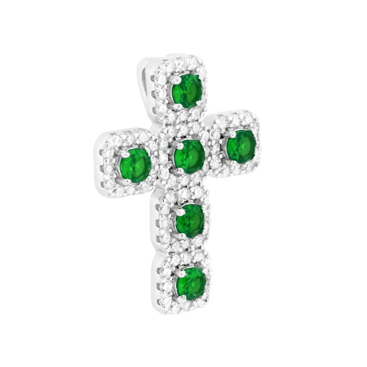 Anhänger Kreuz mit Cubic Zirconia in Smaragdgrün und Weiß, aus 925er Silber galvanisch rhodiniert - MeinSchmuckShop