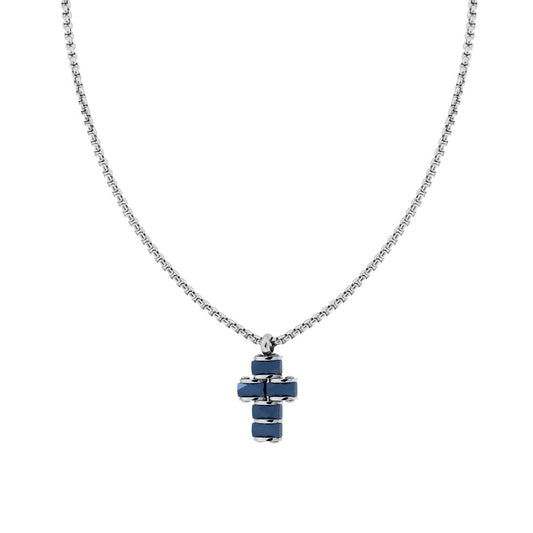Halskette, runde venezianische Kette mit Kreuz und blauen Keramik-Einsätzen aus Edelstahl - MeinSchmuckShop
