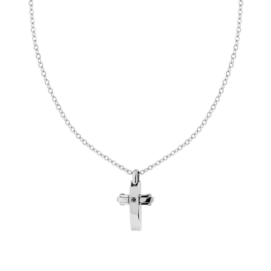 Kette mit diamantierter Feinstrangkette, Kreuz und schwarzem Kristall aus Edelstahl - MeinSchmuckShop