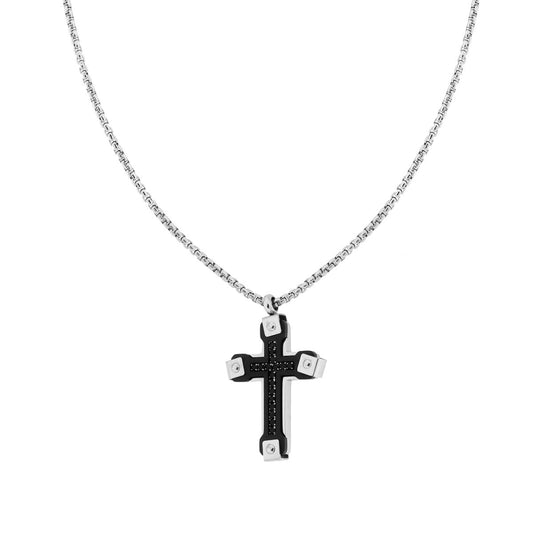 Runde venezianische Kette mit Kreuz, schwarzer Platte und schwarzen Kristallen aus Edelstahl - MeinSchmuckShop