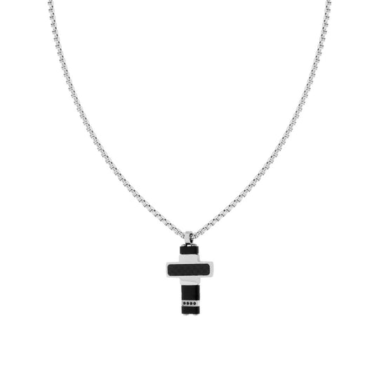 Venezianerkette Rund mit Kreuz, mit Kohlefaser-Effekt und schwarzen Kristallen aus Edelstahl - MeinSchmuckShop