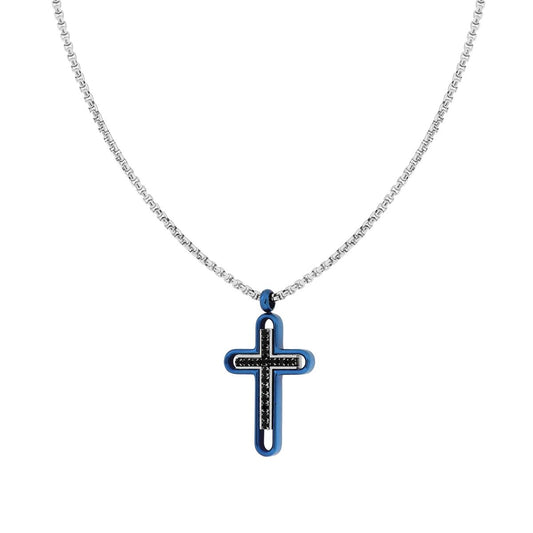 Venezianische Rundkette mit blauem Kreuz und schwarzen Kristallen aus Edelstahl - MeinSchmuckShop