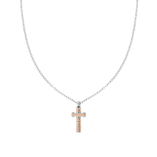Kette aus Edelstahl mit diamantierter Forzatina-Kette und rosa Kreuz - MeinSchmuckShop