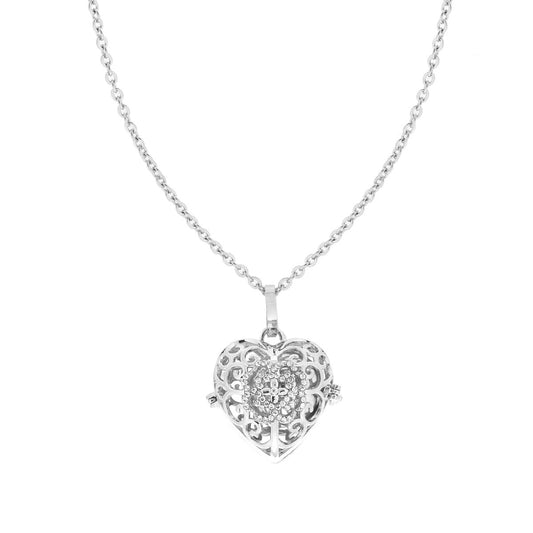 Halskette, Forzatina-Diamantierte Kette, 90 cm, mit Chiama Angeli Herz und weißen Kristallen, Glöckchenkugel aus Stahl und Bronze - MeinSchmuckShop