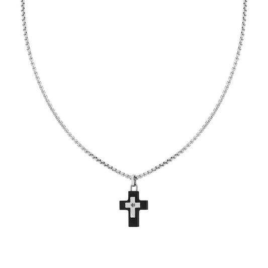 Halskette, venezianische Rundgliederkette und Kreuz, aus schwarzem PVC und Edelstahl - MeinSchmuckShop