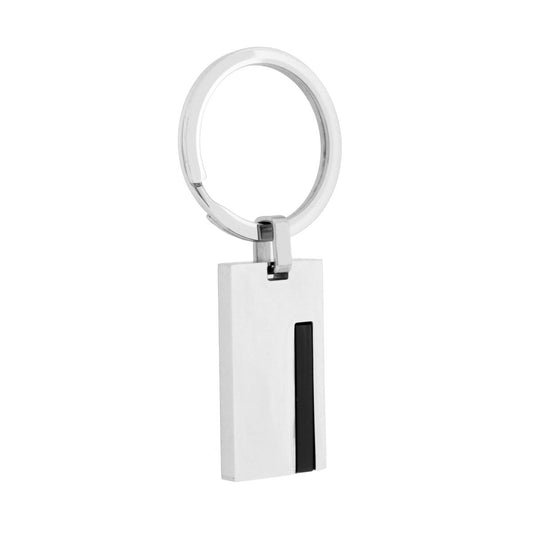 Schlüsselanhänger für Herren und Damen mit Ring, rechteckige Platte, schwarzes Detail aus Edelstahl. - MeinSchmuckShop
