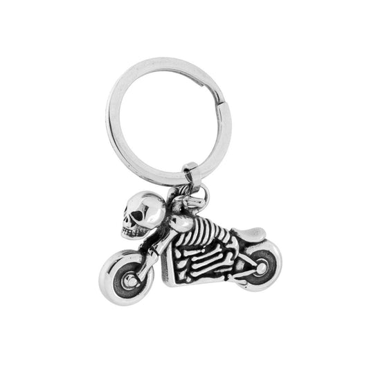 Schlüsselanhänger für Herren und Damen mit Ring – Motorrad-Skelett aus gebürstetem Stahl - MeinSchmuckShop