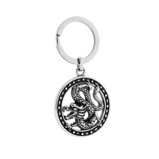 Schlüsselanhänger für Herren und Damen mit Drachen, aus brüniertem Stahl, mit Ring - MeinSchmuckShop