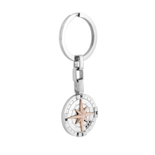 Schlüsselanhänger Herren/Damen mit Ring, Rundteil mit Windrose, rosafarbener Edelstahl - MeinSchmuckShop