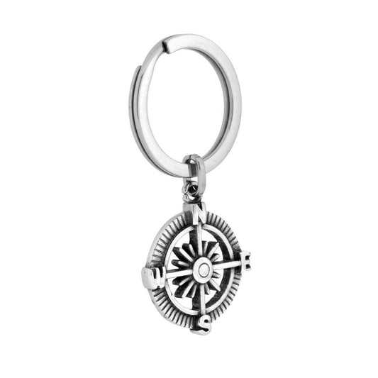 Schlüsselanhänger für Herren und Damen, Ring mit Rundem, Kompassrose aus Edelstahl - MeinSchmuckShop