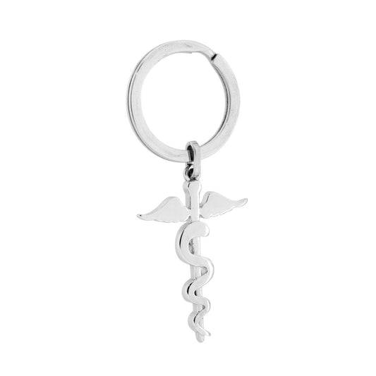 Schlüsselanhänger für Herren und Damen mit Ring, mit dem Äskulapstab und Schlange aus Stahl - MeinSchmuckShop