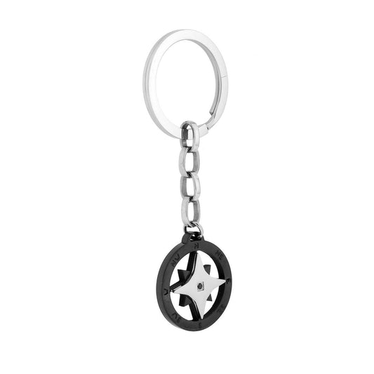 Schlüsselanhänger Herren Damen mit Ring, mit schwarzer Kompassrose und schwarzem Kristall aus Edelstahl - MeinSchmuckShop
