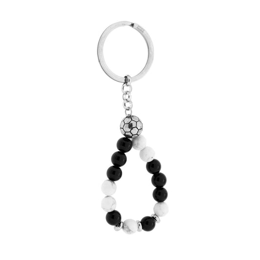 Schlüsselanhänger für Herren und Damen mit Ring, mit weißen und schwarzen Steinen und Fußball aus Edelstahl. - MeinSchmuckShop