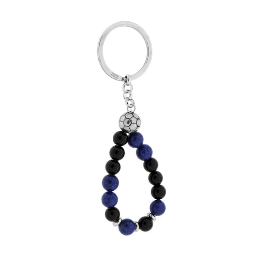 Schlüsselanhänger für Herren und Damen mit Ring, mit blauen und schwarzen Steinen und Fußball aus Edelstahl - MeinSchmuckShop