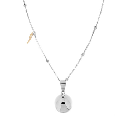 Kette, feine diamantierte Gliederkette mit Kugeln, 90 cm, mit Engelruf-Anhänger und Glückshorn, Charms mit Strass in Edelstahl und Bronze - MeinSchmuckShop