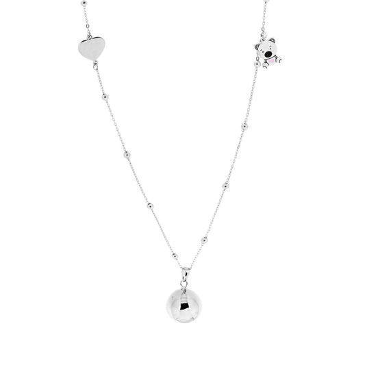 Kette mit diamantierter Gliederkette mit Kugeln, 90 cm lang; Engelsrufer mit Herz und rosa emailliertem Teddybär aus Stahl und Bronze - MeinSchmuckShop
