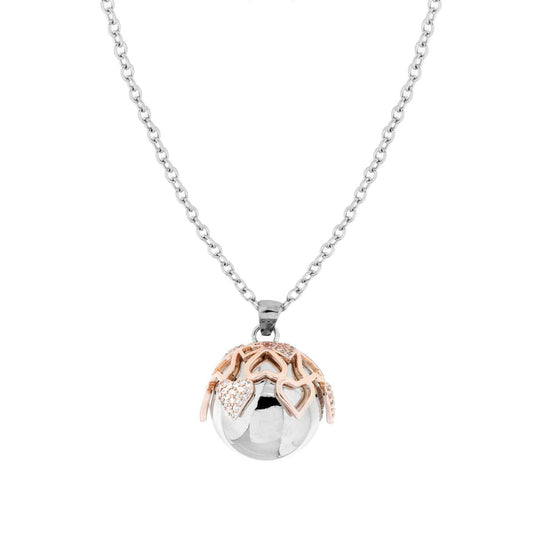 Halskette Forzatina-Kette, Länge 90+5 cm, Engelruf, Herzkuppel in Rosa Kristall, mit Kugel aus Edelstahl und Bronze - MeinSchmuckShop