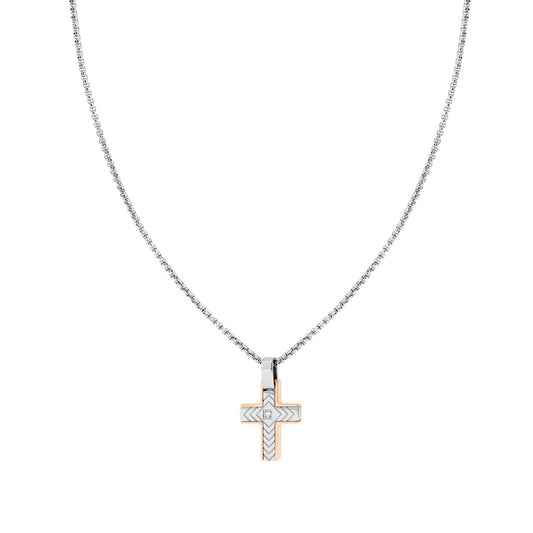 Runde venezianische Kette mit rosa Kreuz, geometrischem Dekor und weißem Kristall aus Edelstahl - MeinSchmuckShop