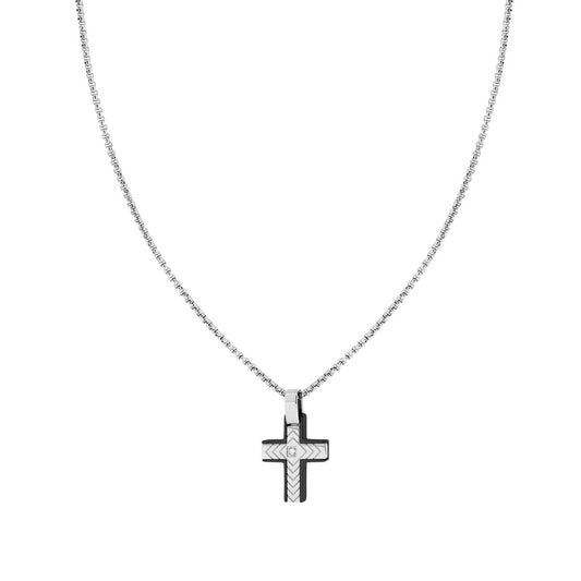 Venezianische Rundkette mit schwarzem Kreuz, geometrischem Dekor und weißem Kristall aus Edelstahl - MeinSchmuckShop