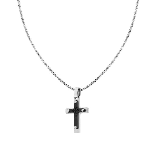 Runde venezianische Kette mit Kreuz, schwarzer Platte und schwarzen Kristallen aus Edelstahl - MeinSchmuckShop