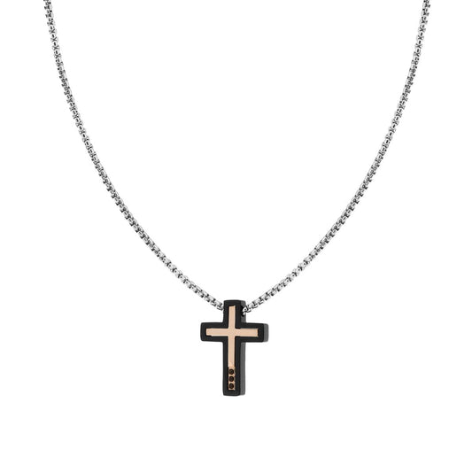 Runde Venezianerkette mit schwarzem und rosafarbenem Kreuz sowie schwarzen Kristallen aus Edelstahl - MeinSchmuckShop