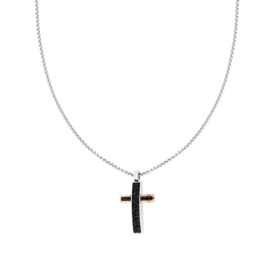 Runde venezianische Kette mit rosa Kreuz und schwarzen Kristallen aus Edelstahl - MeinSchmuckShop
