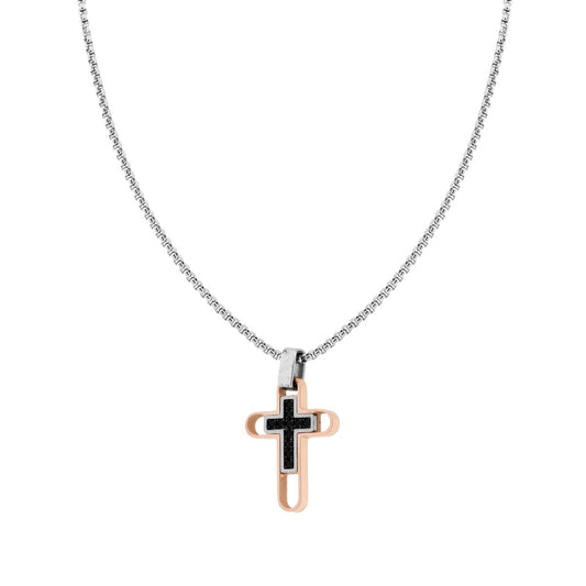 Halskette Venezianische Rundkette mit rosa Kreuz und schwarzen Kristallen aus Edelstahl - MeinSchmuckShop