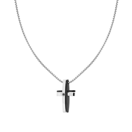 Runde venezianische Halskette mit Kreuz, schwarzem Detail und schwarzem Kristall aus Edelstahl. - MeinSchmuckShop