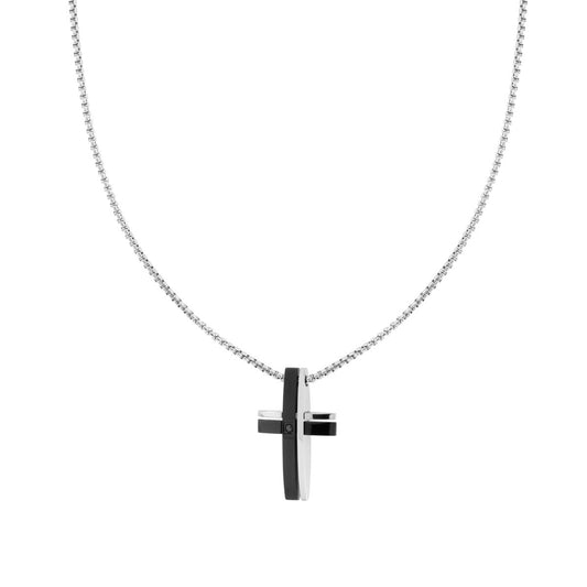 Kette venezianische Rundkette und Kreuz mit schwarzem Detail und schwarzem Kristall aus Edelstahl - MeinSchmuckShop