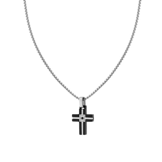 Runde Venezianerkette mit schwarzem Kreuz und schwarzem Kristall aus Edelstahl - MeinSchmuckShop