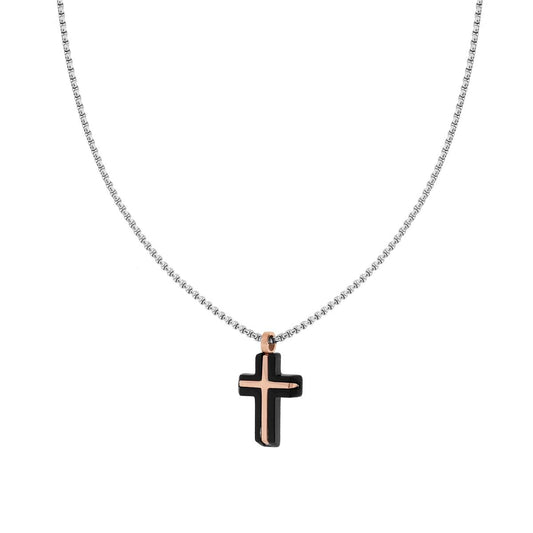 Runde venezianische Kette mit schwarzem und rosa Kreuz aus Edelstahl. - MeinSchmuckShop