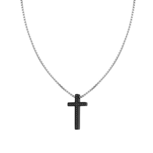 Runde venezianische Kette mit schwarzem Kreuz und schwarzen Kristallen aus Edelstahl. - MeinSchmuckShop