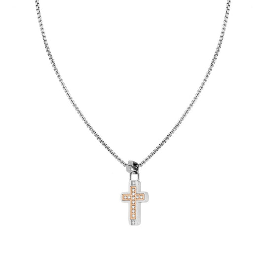Runde Venezianerkette mit Kreuz, rosa Inlay und weißen Kristallen aus Edelstahl. - MeinSchmuckShop