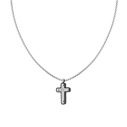 Halskette Venezianische Rundkette mit schwarzem Kreuz und weißem Kristall aus Edelstahl - MeinSchmuckShop